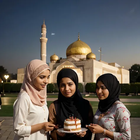 Muslim family celebrating Eid day with cake and cookies, mosque background, bokeh, ultra realistic, hd, 16k, real