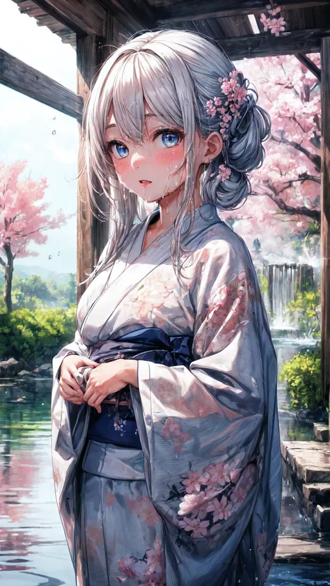 (best quality,highres,ultra-detailed,Pixiv:1.37),1 girl, full body, (7 years old girl:1.2), beautiful detailed eyes, beautiful detailed lips, girl wearing large kimono, beauty complex pattern on kimono, (wet, wet body, wet hair, wet skin, very wet kimono, ...