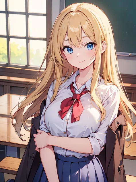 (master piece:1.2), (best Quality:1.2), (ultra detailed:1.2), (highres:1.2), 4k, 8k, upper body, look at viewer, long hair, straight hair, (large breas:1.2), blonde hair, blue eyes, milf, class room, pleated skirt, blouse, High school student, smile, Face ...