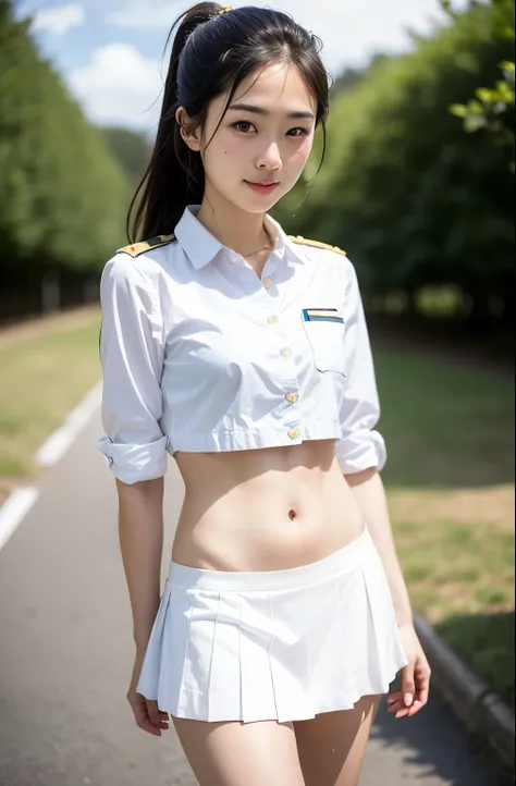 real photos、Highest imYear quality、realistic、Beautiful woman、beautiful thighicro mini skirt、beautiful face、本当の私は何Yearも、federal army uniform miniskirt、ponytail、Yuriko Yoshitaka、16 year old Japanese female、（Zuo々Ki Nozomi:1.4）、pretty girl、white pantiesが見える、1６...