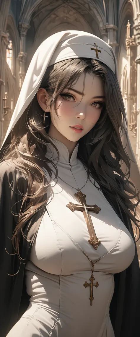 nun，full breasts，church，cross，8k，super fine，hyper-realistic，masterpiece，high quality，rich details