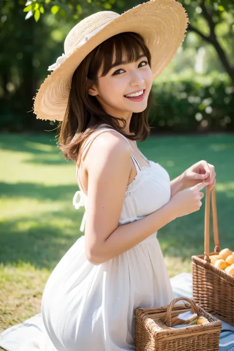 8K resolution, woman laughing at picnic, white frilly dress, blunt bangs brown hair, wearing straw hat, natural light