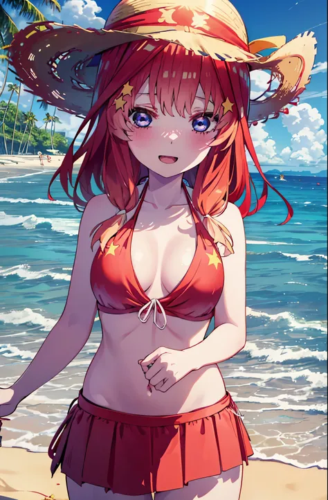 itsukinakano, itsuki nakano, bangs, blue eyes, hair between eyes, Ahoge, redhead, star (symbol), hair ornaments, star hair ornaments,happy smile, smile, open your mouth,skirt,大きなstraw hat,(((red bikini))), beach, Ahago, (((((beach blancket))))), ((straw ha...