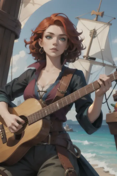 beautiful woman, pirate bard, with a lute, playing on a pirate ship, vibrant colored pirate clothes, red curly hair, green eyes, freckles on face, beautiful face, short