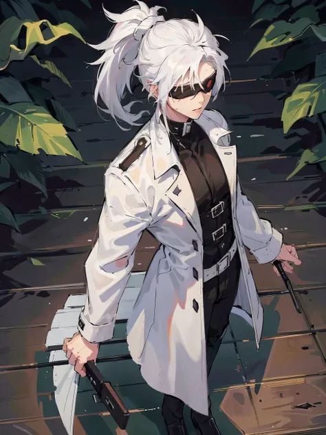 man, male, alone, white trench coat, cargo pants, black combat boots, white hair, white ponytail, ponytail, blindfold, blindfold...