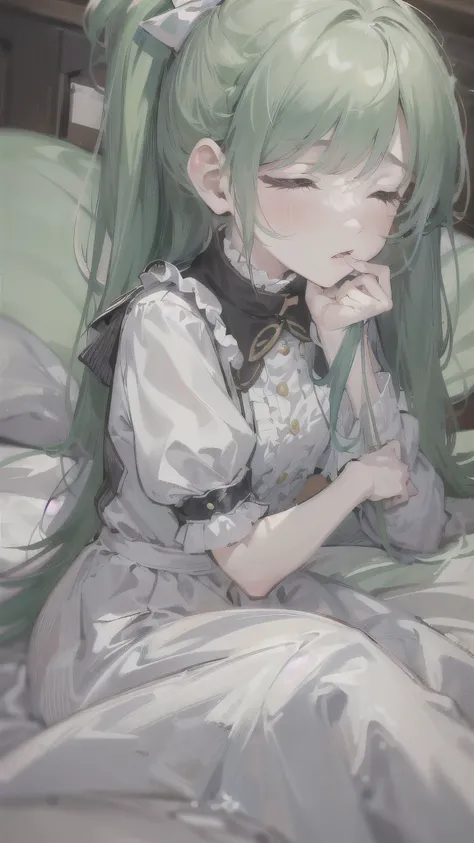 perfect anatomy, masterpiece:1.4, best quality, 8k, in the bedroom,  break, (forcus face), (lying prone, crouching), (hand in front of chin on bed) (solo sleeping Ponytail green hair long hair cute girl, 15 yo, cute closed eyes, grossly mouth), break, in a...