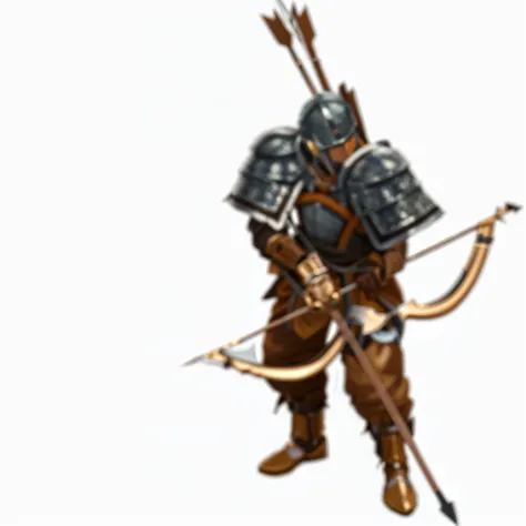 a man in armor holding a bow and arrow, arrowed longbow, shortbow, longbow, winged archer, hold mechanical bow and arrow, archer bow, otl archer, halberd, brown heavy armor, archers, brown armor, tied leather armor, barbarian class, wielding a bow, with ha...