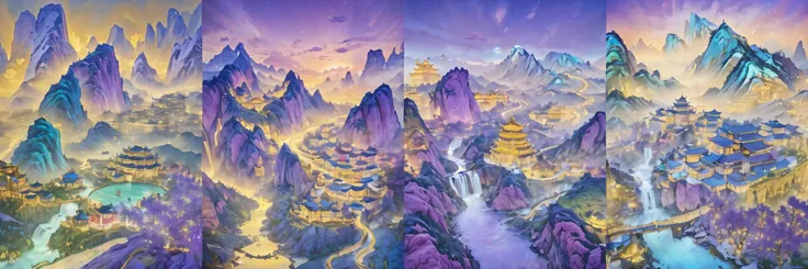 A painting of a mountain landscape with a waterfall and a cascade, landscape art detailed, Detailed dreams, Beautiful rendering of the Tang Dynasty, Killian N and Thomas Kincaid, Dream China Town, author：Zhu Lian, inspired by Yang Buzhi, Chinese fantasy, l...