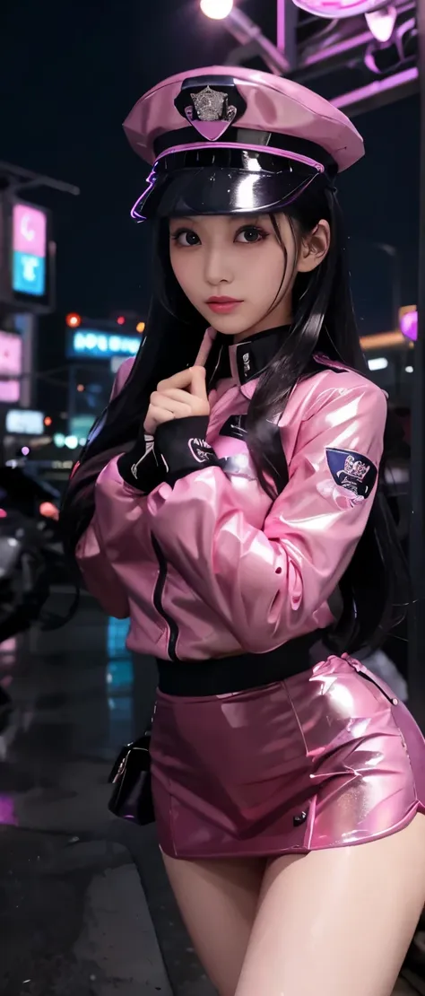 cyber police girl、whole body、good style、、、、glowing shiny pink police uniform（tight mini skirt）、、、formal jacket、、long black hair、...