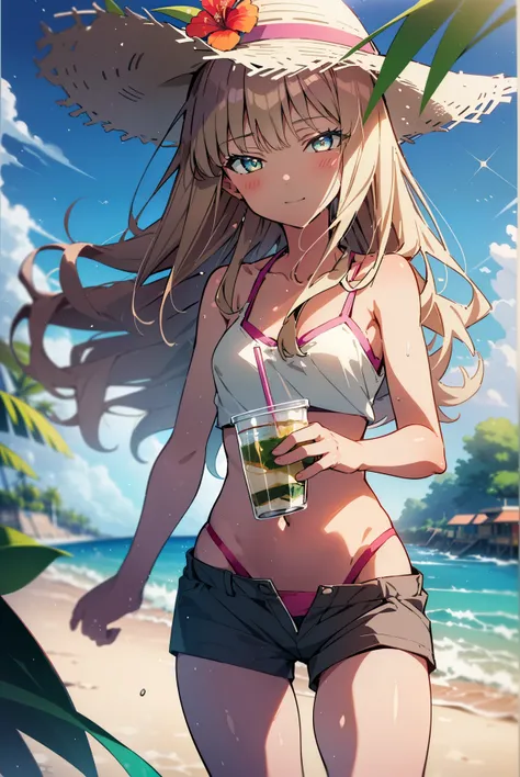 A tropical dream bud,A tropical dream bud　sss Dynazenon ,brown hair,long hair,green eyes,big straw hat,smile,blush,hibiscus hair ornament,blue bikini swimsuit,barefoot,ビーチのsandy beachを散歩しながら,Sky blue hair fluttering in the wind,(cowboy shot:1. 5)
rest outd...