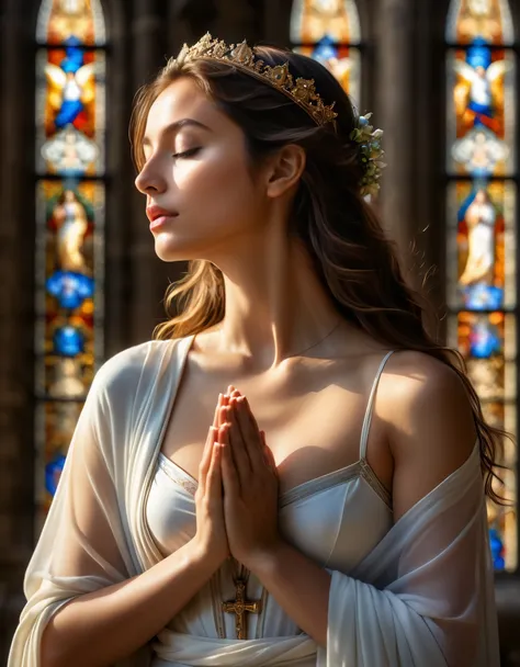 (best quality,4k,8k,highres,masterpiece:1.2),ultra-detailed,(realistic,photorealistic,photo-realistic:1.37),cathedral,girl prayi...