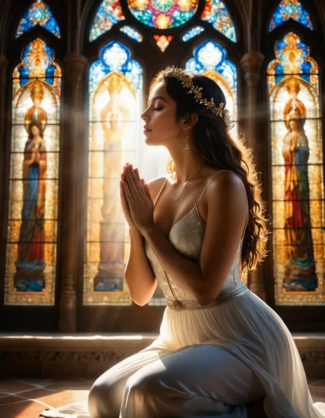 (best quality,4k,8k,highres,masterpiece:1.2),ultra-detailed,(realistic,photorealistic,photo-realistic:1.37),cathedral,girl praying to God,nude,artistic photo,pure beauty,sunlight streaming through stained glass windows,serene expression,innocent and ethere...