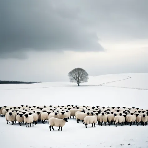 landscape photography，heaven and earth each occupy half，gray sky，white earth，a few small sheep on the snow，constructivism，akos m...