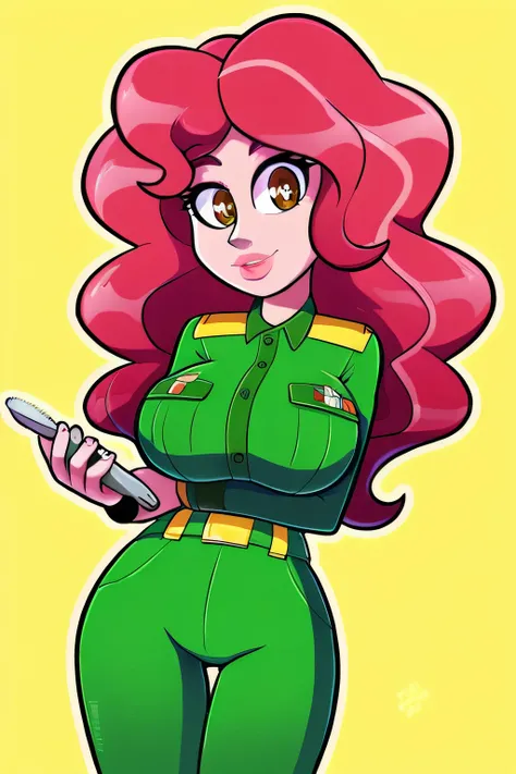 A tender character woman, extra large breasts, longer wavy hair, bright red, her brown eyes, rectangle, large pupils, pink lips, a light green military suit, yellow line brushes, and her light green pants, wearing a yellow belt.