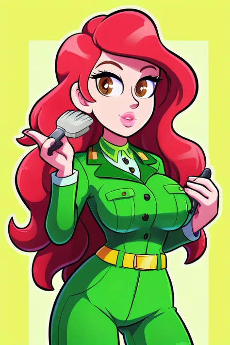 A tender character woman, extra large breasts, longer wavy hair, bright red, her brown eyes, rectangle, large pupils, pink lips, a light green military suit, yellow line brushes, and her light green pants, wearing a yellow belt.