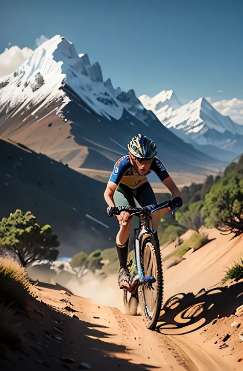 Ein atemberaubendes Mountainbike-Rennen in einer epischen Landschaft, The route leads through challenging terrain with steep climbs and fast descents, The riders fight their way through dusty trails, over rocky paths and through dense forests, Majestic mou...