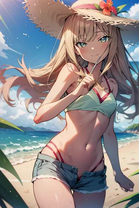 A tropical dream bud,A tropical dream bud sss Dynazenon ,brown hair,long hair,green eyes,big straw hat,smile,blush,hibiscus hair ornament,blue bikini swimsuit,barefoot,ビーチのsandy beachを散歩しながら,Sky blue hair fluttering in the wind,(cowboy shot:1. 5)
rest outd...