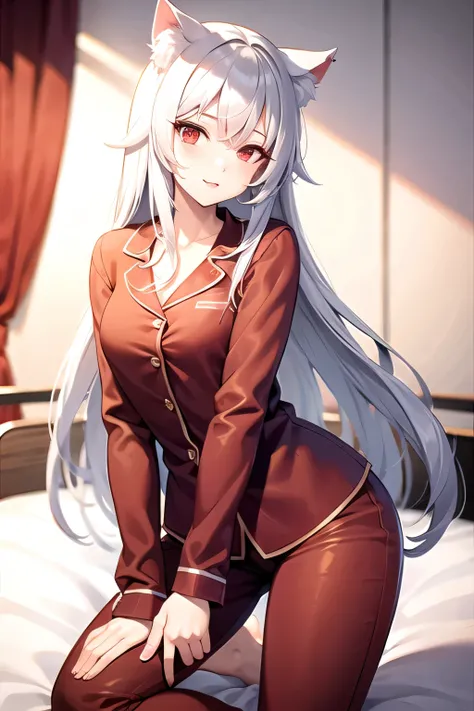 White hair, long hair, cat ears, red eyes, sexy pajamas
