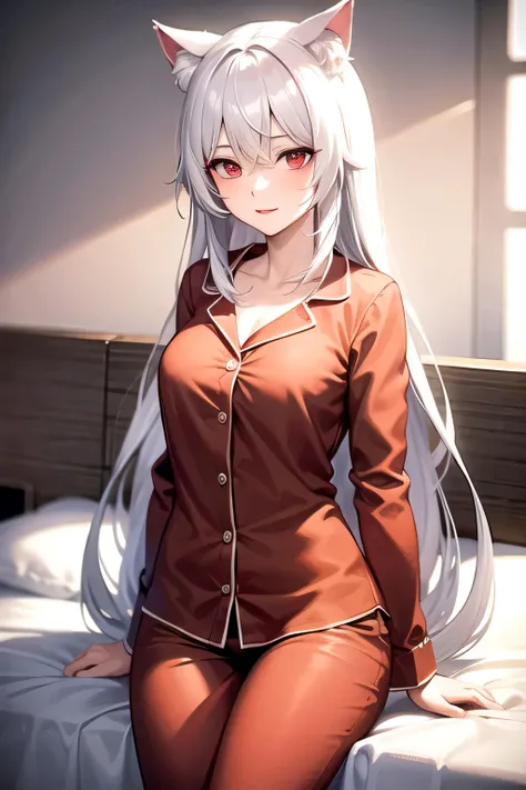 White hair, long hair, cat ears, red eyes, sexy pajamas
