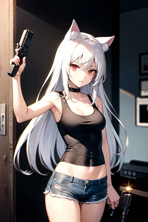 White hair, long hair, cat ears, red eyes, tank top, shorts, zombie with pistol in background