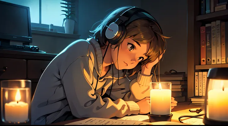 Girl studying in cozy room at night, Use headphones, the candle is lit, 2D-style animation, lo-fi(lo-fi), High image quality --Automatic