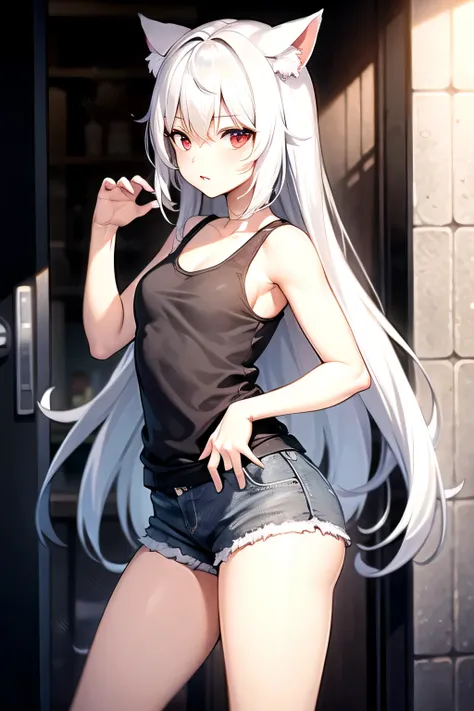 White hair, long hair, cat ears, red eyes, tank top, shorts