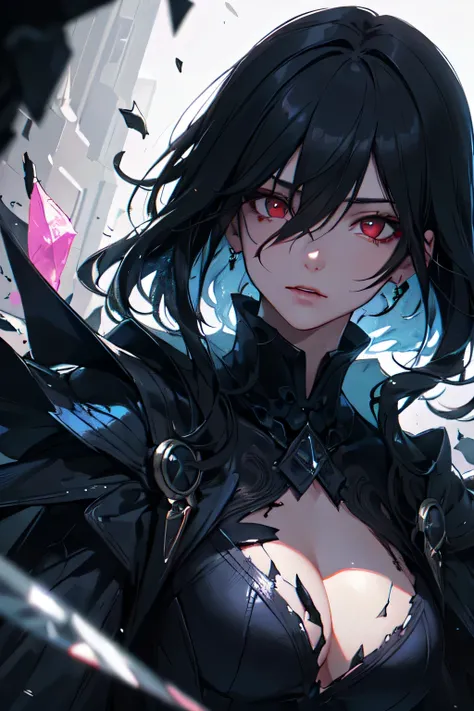 (detailed background,dark fantasy), (Beautiful and detailed face), high contrast, (best lighting, very delicate and beautiful), ((cinematic light)), fancy, hyper detail, dramatic light, intricate details, (1 girl, alone,black hair, sharp face,red eyes, hai...