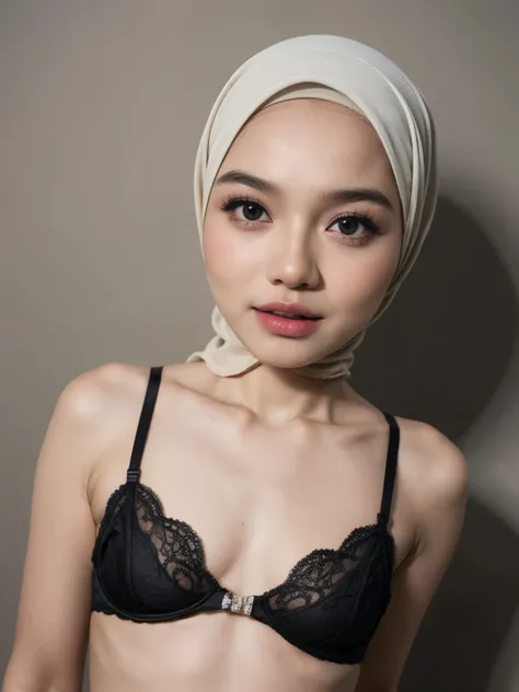 (Wearing Bra Lingerie), (((HIJAB MALAY GIRL))), masutepiece, High quality, UHD 32K, Realistic face, Realistic skin feeling , A Malay Lady, 8 years old, , Very cute and baby-like face, (((FLAT CHEST))), (MATRIX WORLD), ((look In front  at the camera and SAD...