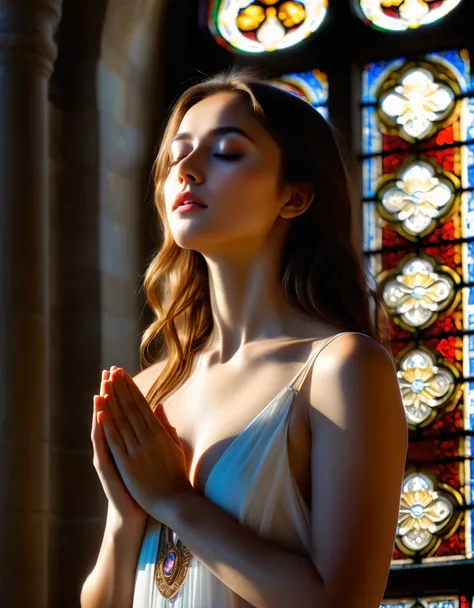 (best quality,4k,8k,highres,masterpiece:1.2),ultra-detailed,(realistic,photorealistic,photo-realistic:1.37),cathedral,girl praying to God,nude,artistic photo,pure beauty,sunlight streaming through stained glass windows,serene expression,innocent and ethere...