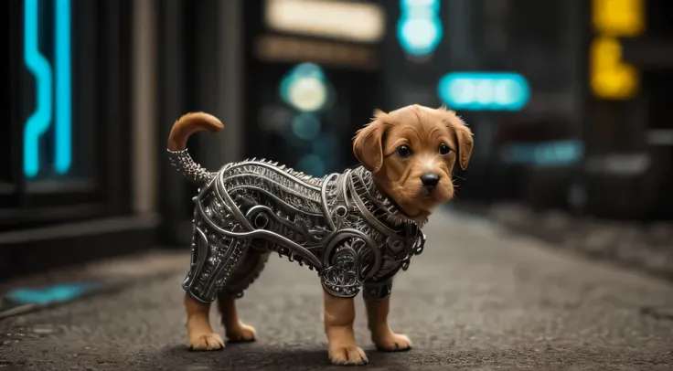 A cute puppy made of metal, , cyberpunk style, ((intricate details)), high dynamic range, ((intricate details, super detailed)), movie shot, vignette  