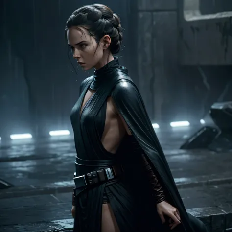 Darth Rey from star wars 9, with her fluid transparent cape, large angle, wet cape wet body rainy weather. She look shy