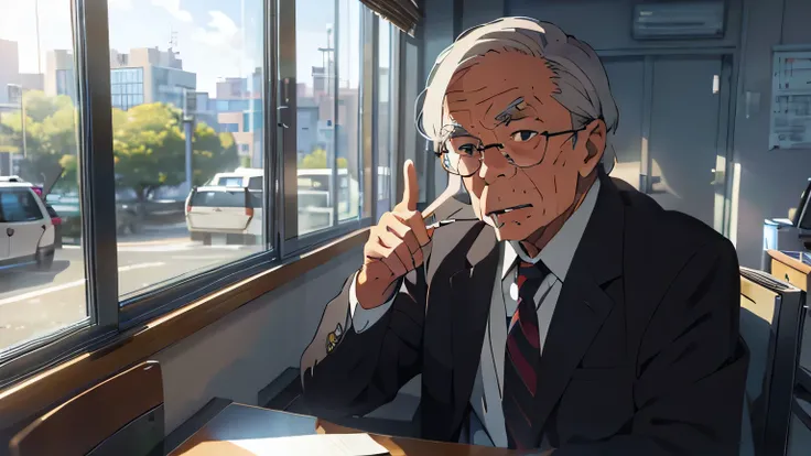 At the office、An elderly man wearing a suit、I sat in my chair by the window、While smoking a cigarette、He is angry and pointing at the young businessman facing him