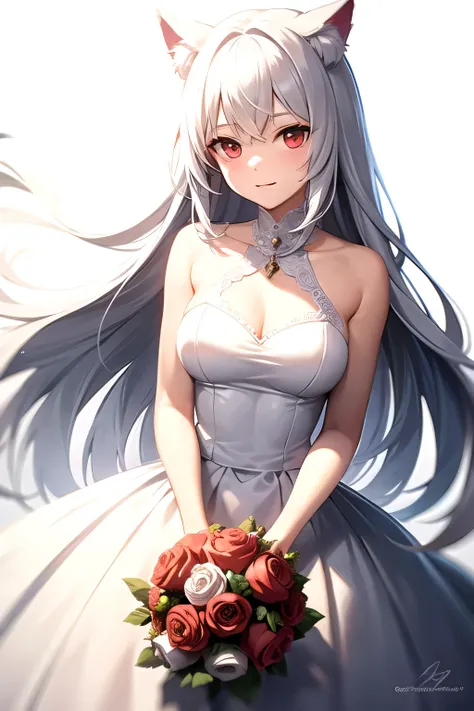 White hair, long hair, cat ears, red eyes, wedding dress, holding a rose, white background, single