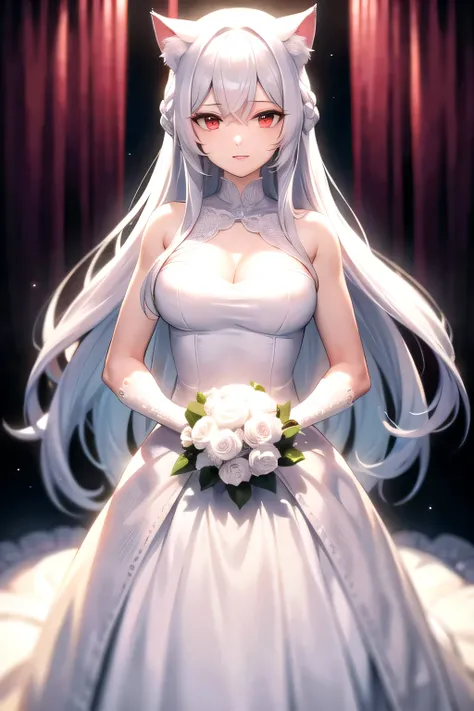 White hair, long hair, cat ears, red eyes, wedding dress 