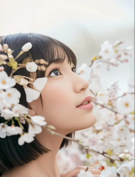 A woman with flowers in her hair is looking up, beautiful Japanese girls face, sakura bloomimg, portrait of a Japanese teen, There are cherry blossom petals around her, Japanese facial features, Flowers bloom on the heir&#39;s cheeks, sakura season, under ...