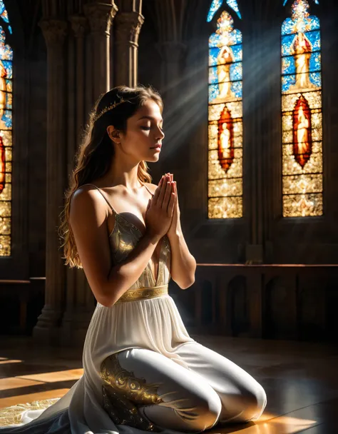 (Best Quality, 4k, 8k, High Resolution, Masterpiece: 1.2), Super Detailed, (Realistic, Photorealistic, Photorealistic: 1.37), Cathedral, 1 beautiful Girl praying to God, Nude, Artistic Photo , pure beauty, sunlight shining through stained glass windows, a ...