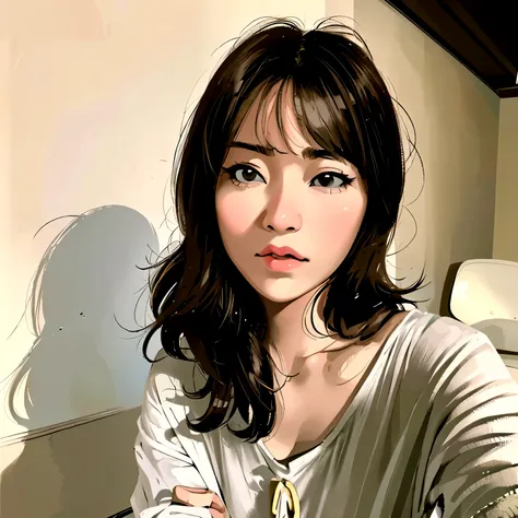 araffe woman with long hair and a white shirt posing for a picture, 8k selfie photograph, young adorable korean face, with short hair, ulzzang, jaeyeon nam, young cute wan asian face, pale round face, neat hair with bangs, with round face, girl cute-fine-f...