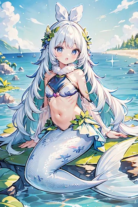 masterpiece, best quality,a girl,white hair,mermaid,white mermaid tail,mermaid&#39;s tail is wet with water,full-body shot,beach...