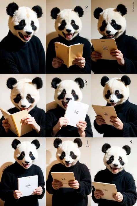 the various expressions of the panda with a book,multiple poses and expressions,happy,angry,cry,expression love,etc,emoji pack,f/ group,related
character，oil painting,filament outlines