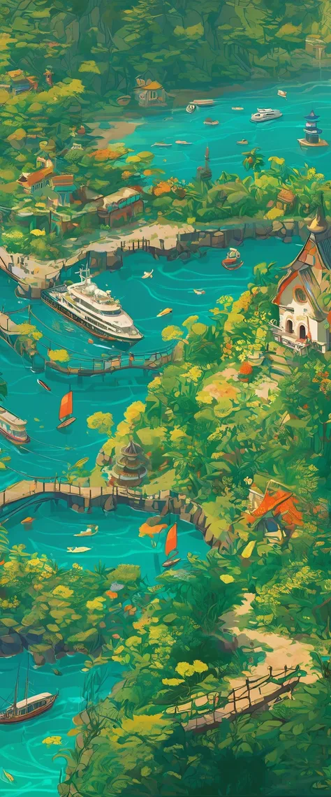 create a 2d game art piece called &quot;spring&quot;，with lush greenery surrounding the sea、the coastline is characterized by bu...