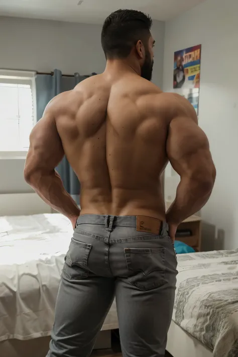 Full body photograph from the back, man heavyweight bodybuilder cinematic light shorts 75kg full muscle, Bigote grueso y trozo chino barbudo, hombre muy guapo., parte superior del cuerpo sin camisa，perfect body ratio, volteado de espaldas, huge and bulging...