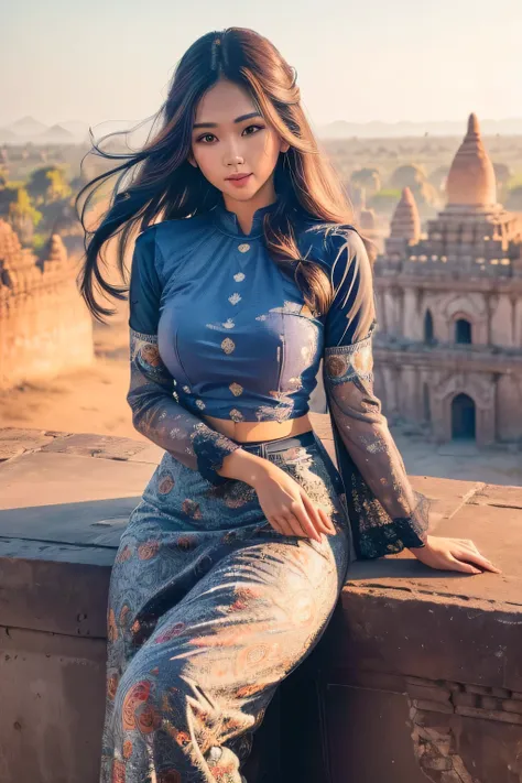 (masterpiece, best quality , high resolution:1.2), (photo realistic:1.2), (intricate and beautiful:1.2) , detailed light, bright light, (colorful and dynamic angle), upper body shot, fashion photography, 1 girl, acmm ls outfit, wearing acmm top, blue acmm ...