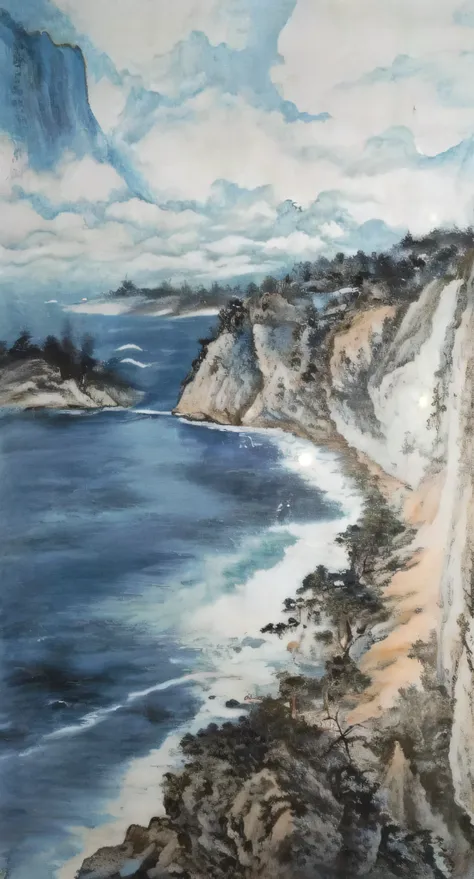 a painting of a cliff overlooking the sea，the painting shows a beach and cliffs, inspired by dong qichang, chinese painting styl...