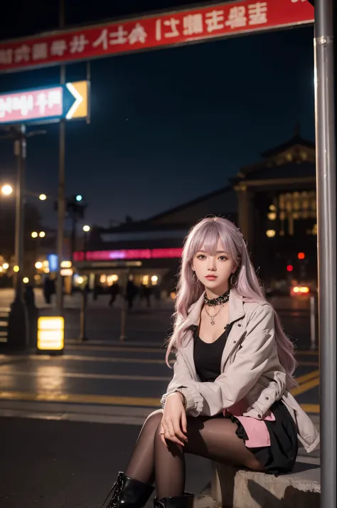 artworks，ultra high resolution，8K resolution，Accurate facial features with depth of field，is a perfect face，girl，the only person，ssmile，Long gray hair，with pink hair，crossed bangs，shairband，bangle，collars，hoop earings，aviator sunglasses bomber jacket，red f...