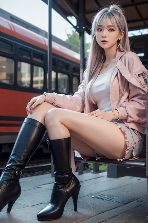 artworks，ultra high resolution，8K resolution，Accurate facial features with depth of field，is a perfect face，girl，the only person，ssmile，Long gray hair，with pink hair，crossed bangs，shairband，bangle，collars，hoop earings，aviator sunglasses bomber jacket，red f...