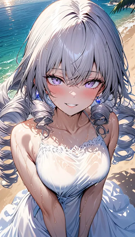 (((Masterpiece))), , diffused light, dynamic shadows, sharp focus, detailed, summer dress , anatomically correct, loving face, beautiful smile, beach with mountain background, bronya, (( half body:1)), bronya, long drill hair, wet dress