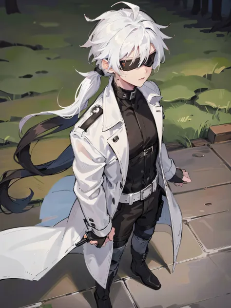 man, male face, slightly muscular, alone, solo, white trench coat, cargo pants, black combat boots, white hair, white ponytail, ...