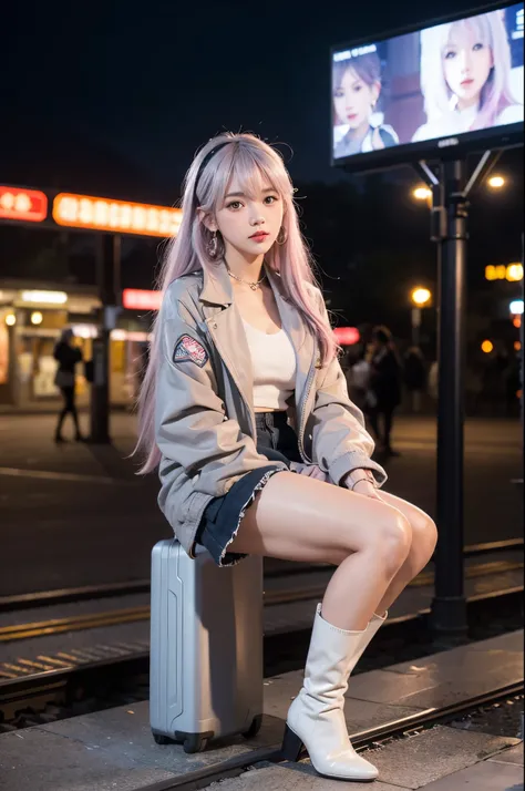 artworks，ultra high resolution，8K resolution，Accurate facial features with depth of field，is a perfect face，girl，the only person，ssmile，Long gray hair，with pink hair，crossed bangs，shairband，bangle，collars，hoop earings，aviator sunglasses bomber jacket，red f...