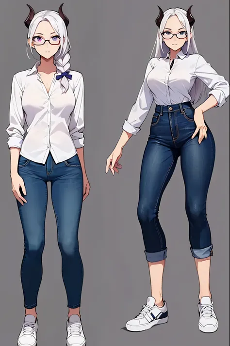 (masterpiece, best quality), detailed, character sheet, many items (the same person, blouse, jeans pants, lowered blouse, studen...