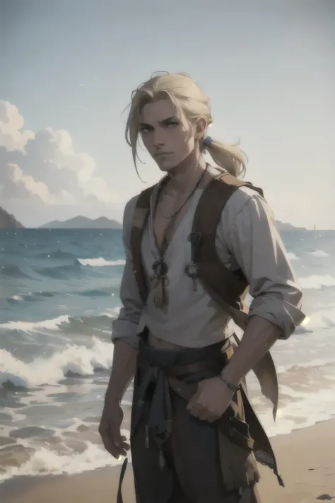 young man with a serene expression, rugged pirate clothes, gazing into the distance with his striking light blonde hair gently waving in the ocean breeze, on the beach, rattail